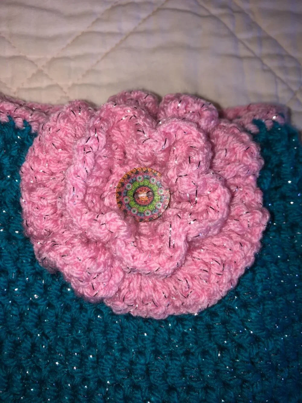 Dog Crochet Sweater with Pink Flower, Size Small